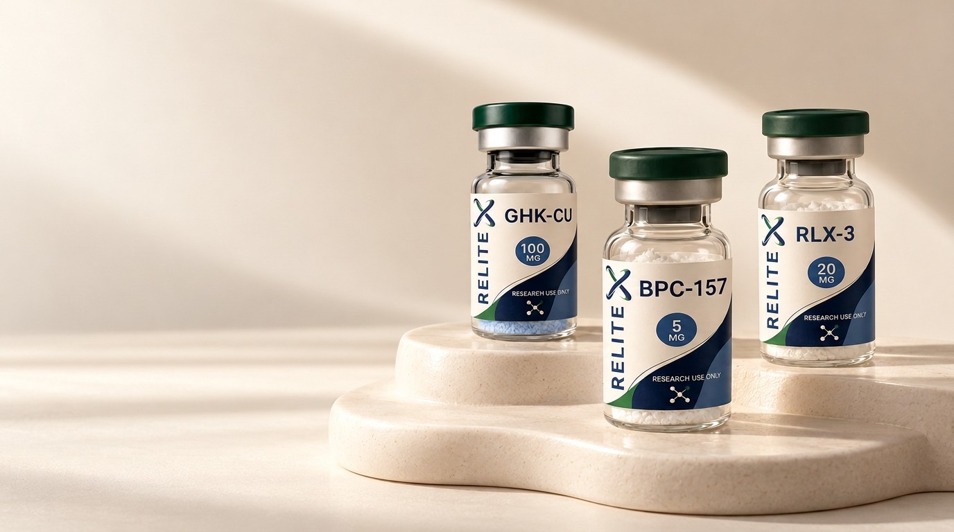 Relite GHK-Cu, BPC-157 and RLX-3 vials with forest green caps on a cream sculptural platform against a warm ivory background